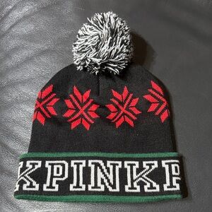 NWOT PINK VS Black and Red Knit Beanie with Pom Pom